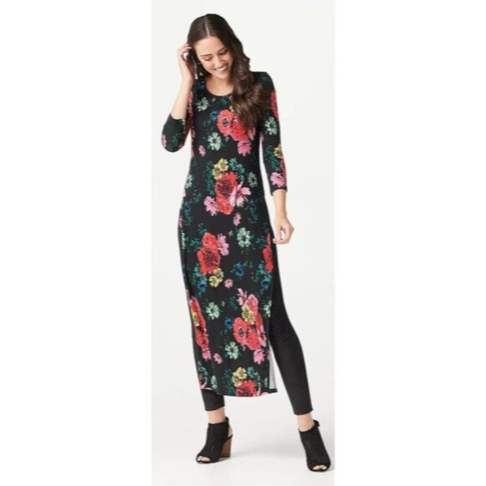 G.I.L.I. 3/4-Sleeve Rib Knit Printed Duster Top Floral Midi‎ Dress 3/4 Sleeve XS